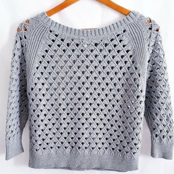 American Eagle Outfitters Crochet 3/4 Sleeve Open Cable Knit Sweater Gray Medium - Picture 3 of 9